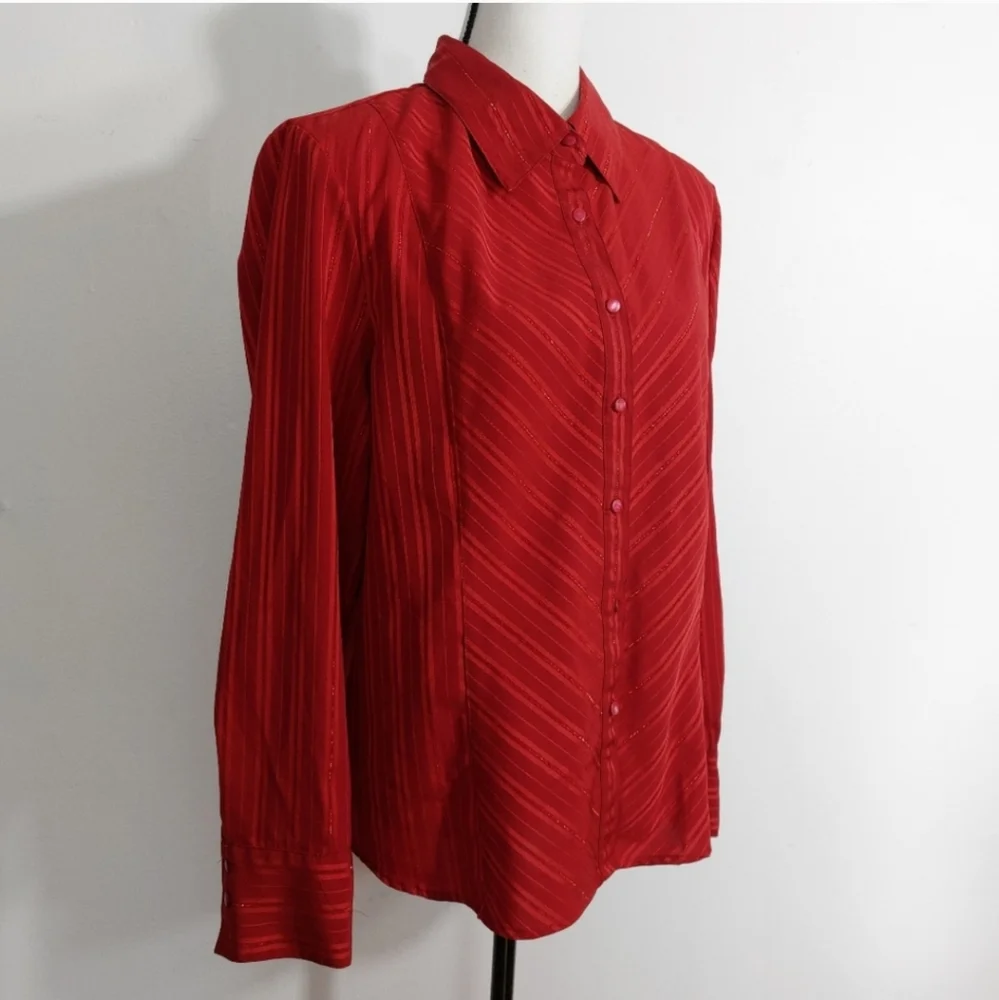 East 5th Red Metallic Diagonal Stripes Button Front Blouse Size XL - Picture 3 of 11